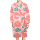 Grapefruit leaves flower pink background Men's Long Sleeve Belted Night Robe