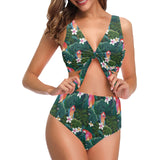 Parrot Palm tree leaves flower hibiscus pattern Chest Bowknot High Waisted Bikini Swimsuit