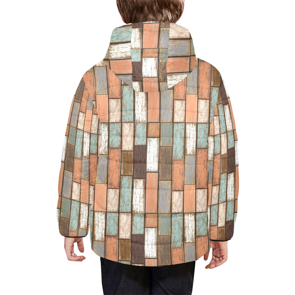 Wood Printed Pattern Print Design 02 Kids' Boys' Girls' Padded Hooded Jacket