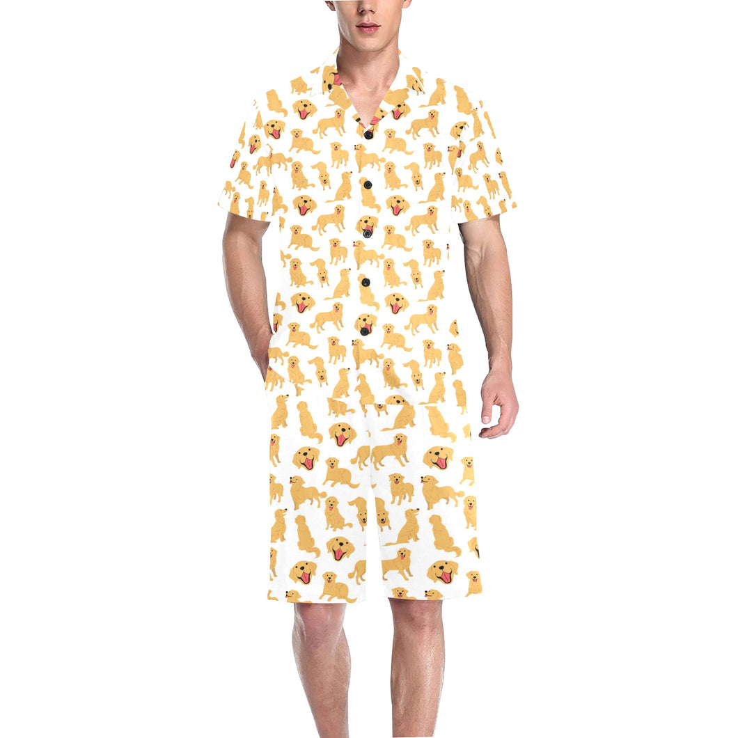 Golden Retriever Pattern Print Design 05 Men's V-Neck Short Pajama Set