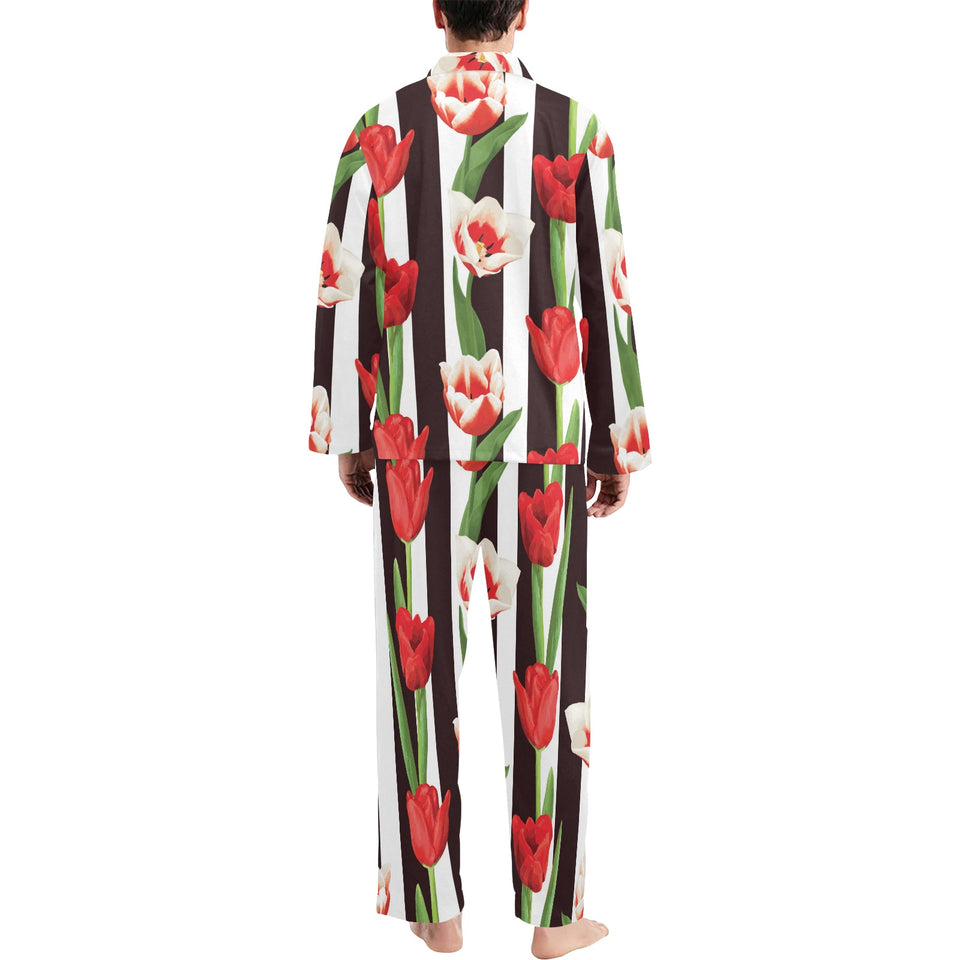 red and white tulips pattern Men's Long Pajama Set