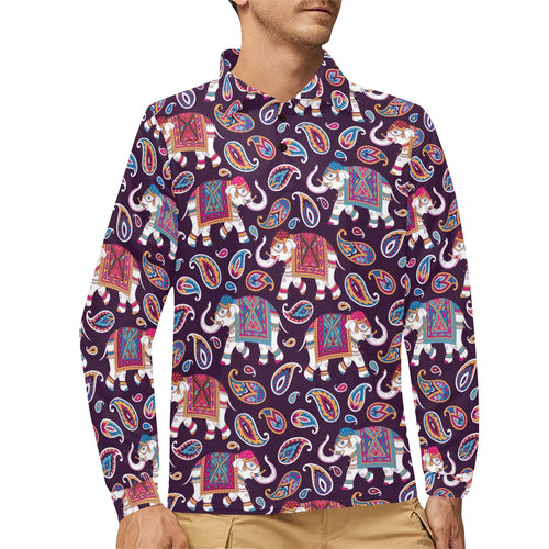 Elephant indian style ornament pattern Men's Long Sleeve Polo Shirt