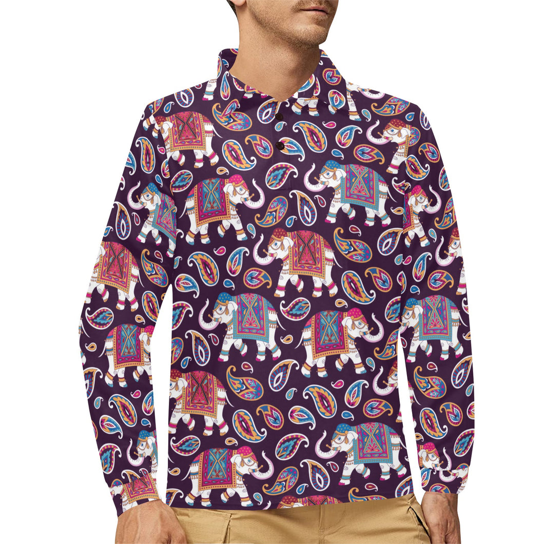 Elephant indian style ornament pattern Men's Long Sleeve Polo Shirt