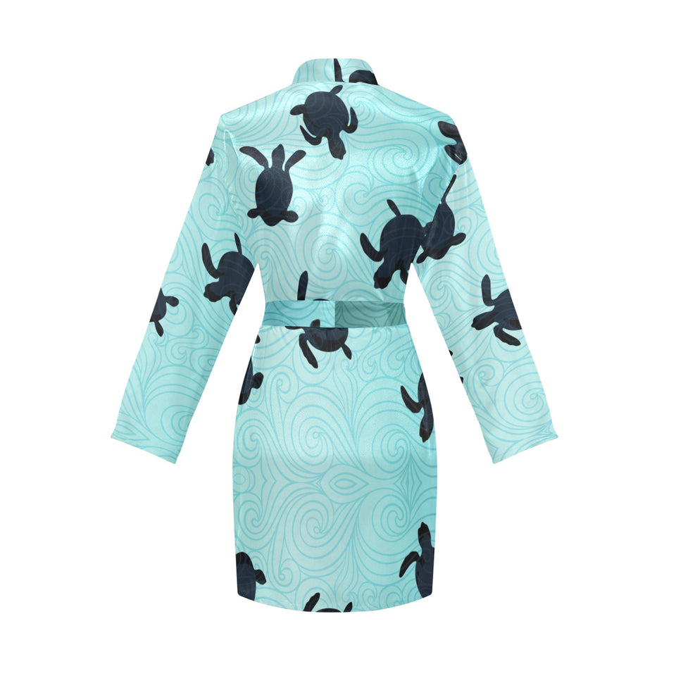 Sea turtle with blue ocean backgroud Women's Long Sleeve Belted Night Robe