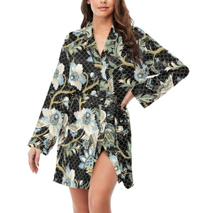 Japanese crane ornament elements Women's Long Sleeve Belted Night Robe