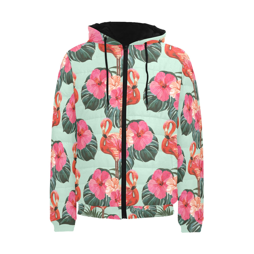 Beautiful flamingo tropical palm leaves hibiscus p Men's Padded Hooded Jacket