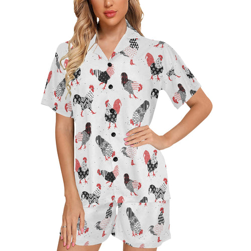 Cool rooster chicken cock floral ornament backgrou Women's V-Neck Short Pajama Set