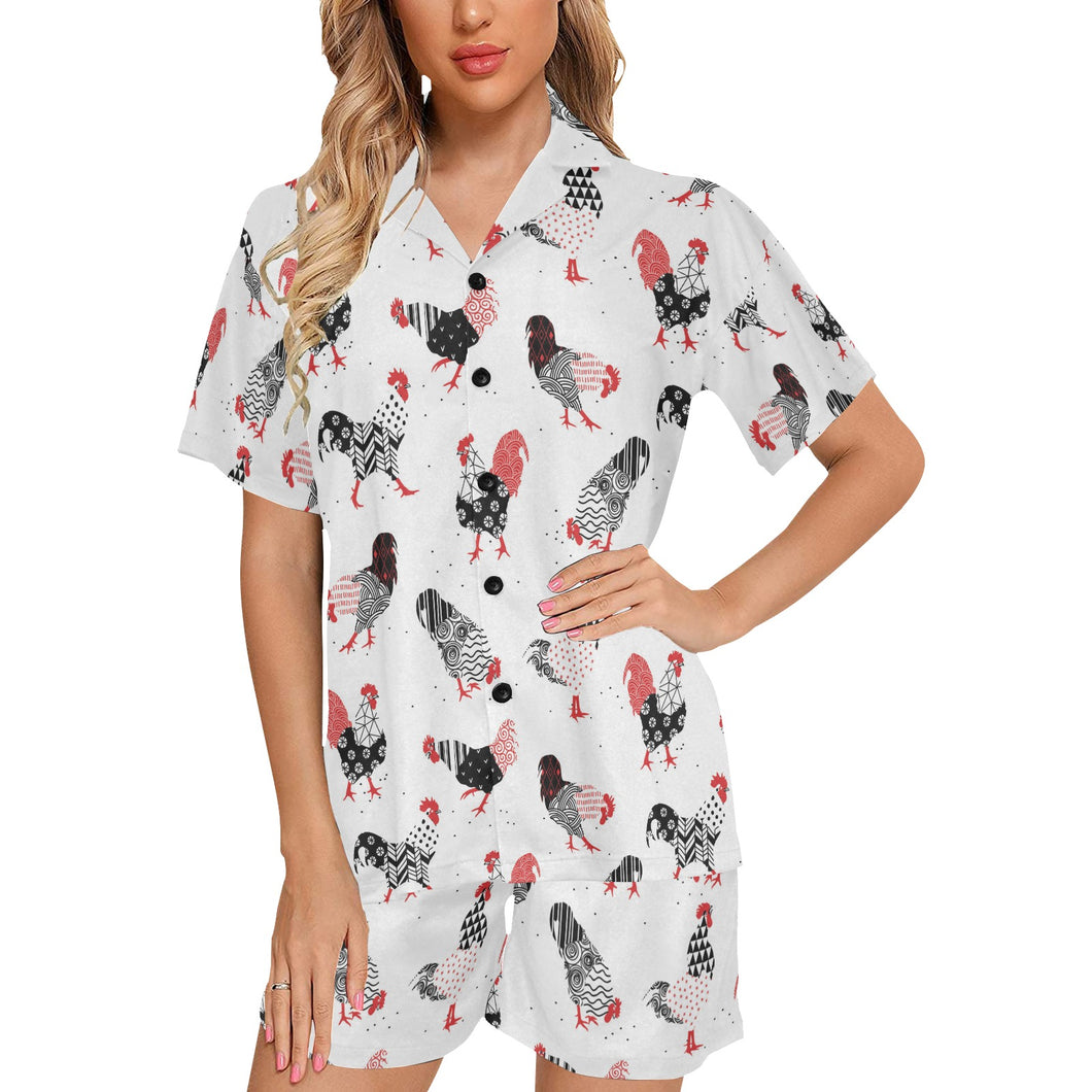 Cool rooster chicken cock floral ornament backgrou Women's V-Neck Short Pajama Set