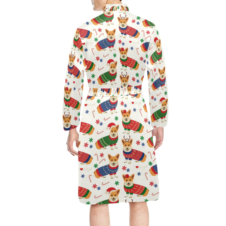 Corgi Christmas Pattern Men's Long Sleeve Belted Night Robe