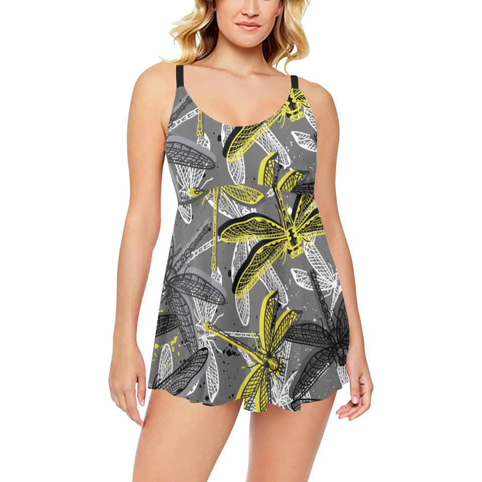 Hand drawn dragonfly pattern Chest Sexy Pleated Two Piece Swim Dress