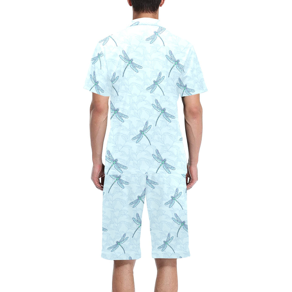 Dragonfly pattern blue background Men's V-Neck Short Pajama Set