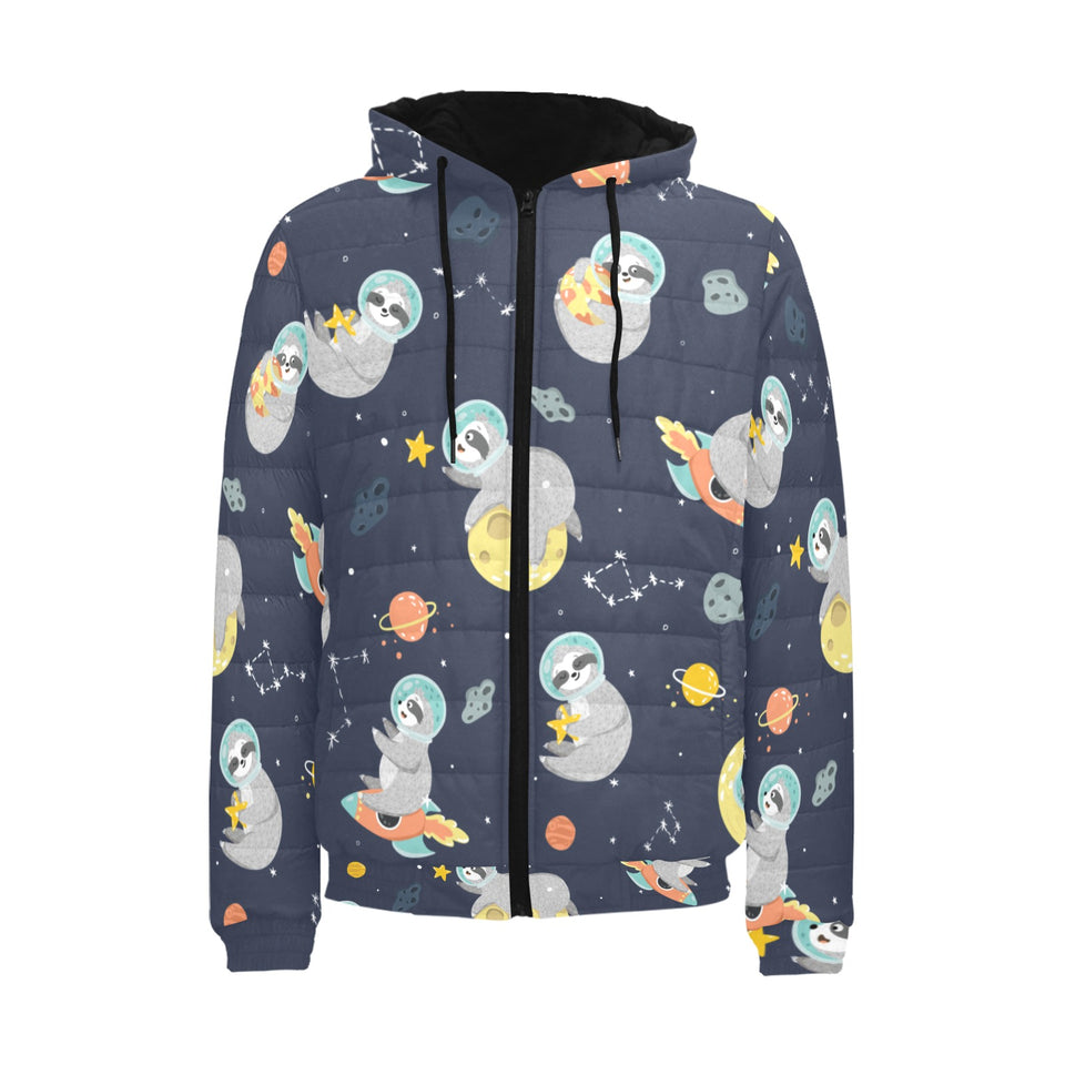 Cute sloth astronaut star planet rocket pattern Men's Padded Hooded Jacket