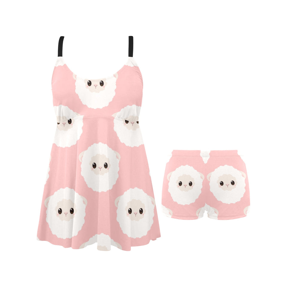 Cute sheep pattern Chest Sexy Pleated Two Piece Swim Dress