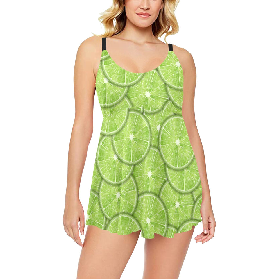 Slices of Lime pattern Chest Sexy Pleated Two Piece Swim Dress