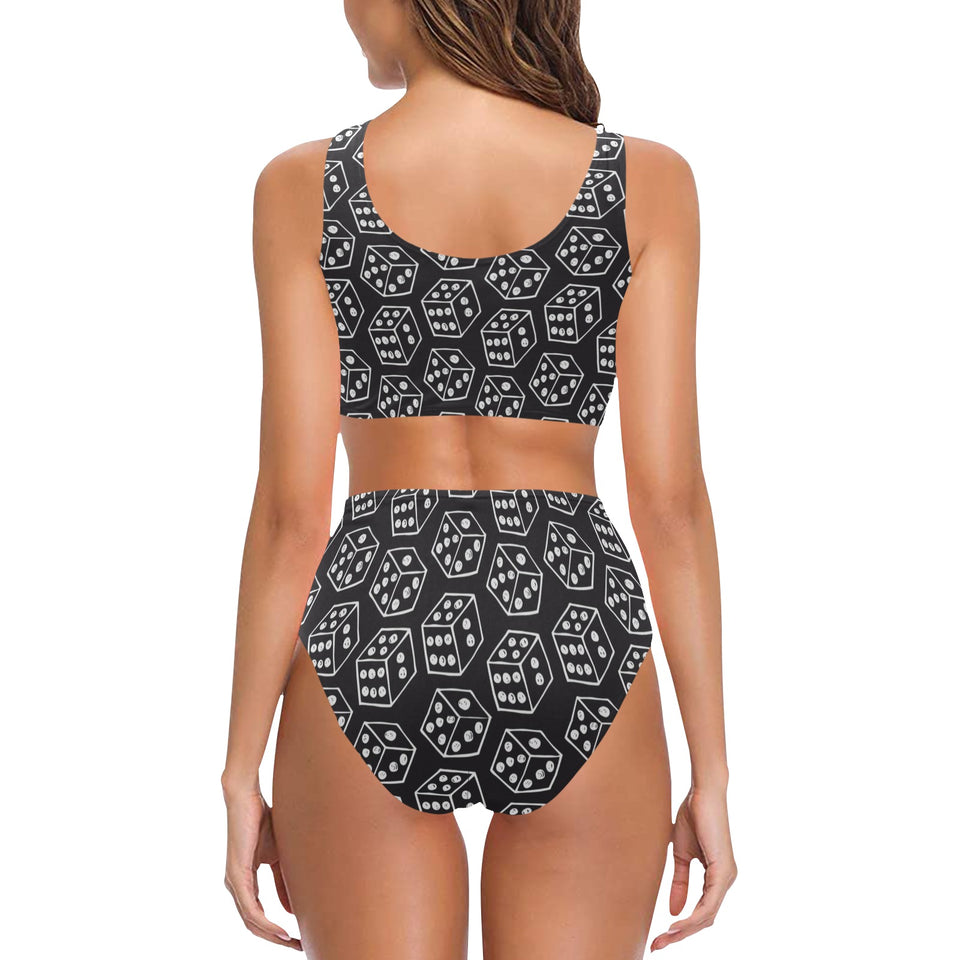 Dice Pattern Print Design 01 Chest Bowknot High Waisted Bikini Swimsuit