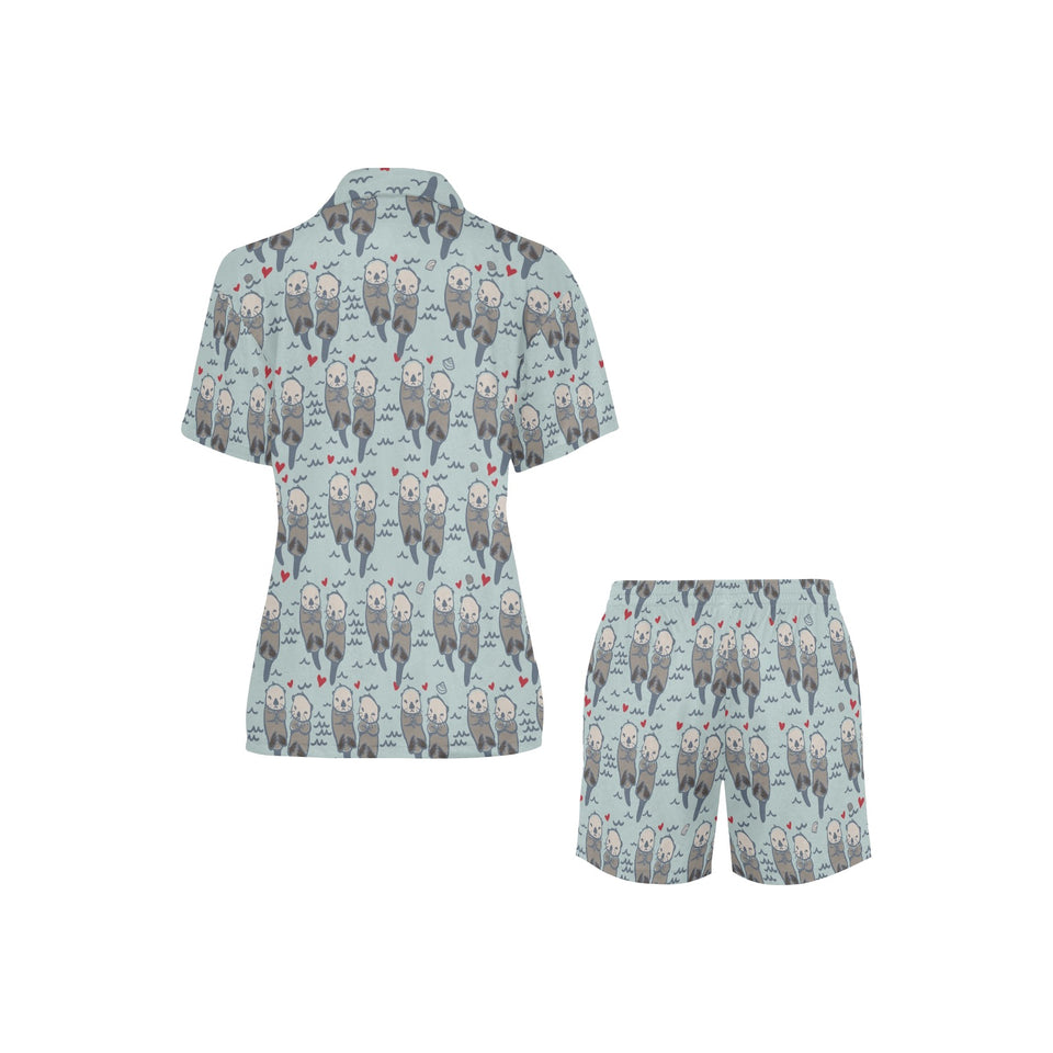 Lovely Sea Otter Pattern Women's V-Neck Short Pajama Set