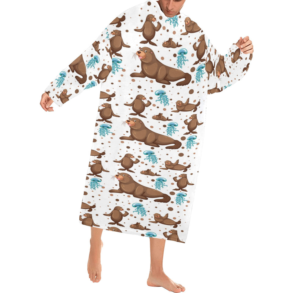 sea lion Seals jellyfish pattern Blanket Robe with Sleeves