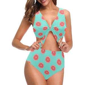 Grapefruit green background Chest Bowknot High Waisted Bikini Swimsuit