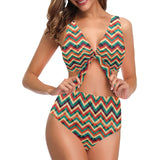 zigzag chevron colorful pattern Chest Bowknot High Waisted Bikini Swimsuit