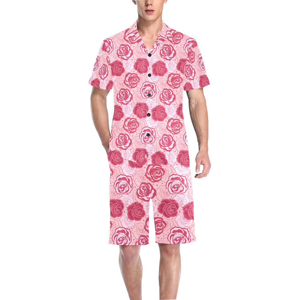 Rose Pattern Print Design 02 Men's V-Neck Short Pajama Set