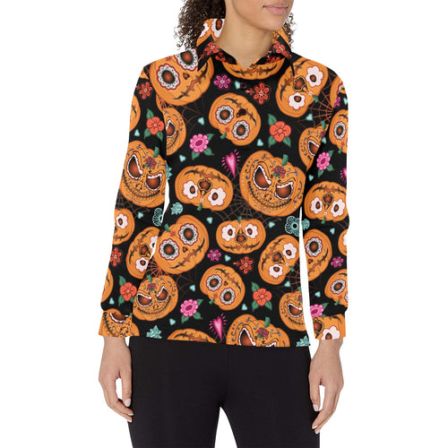 Pumpkin flowers spiderweb Halloween theme Women's Long Sleeve Polo Shirt