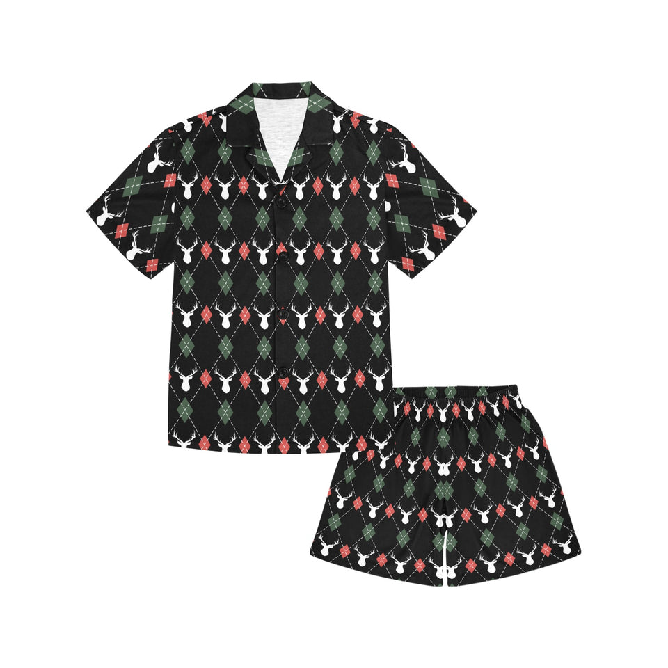 Deer Christmas new year pattern argyle Kids' Boys' Girls' V-Neck Short Pajama Set