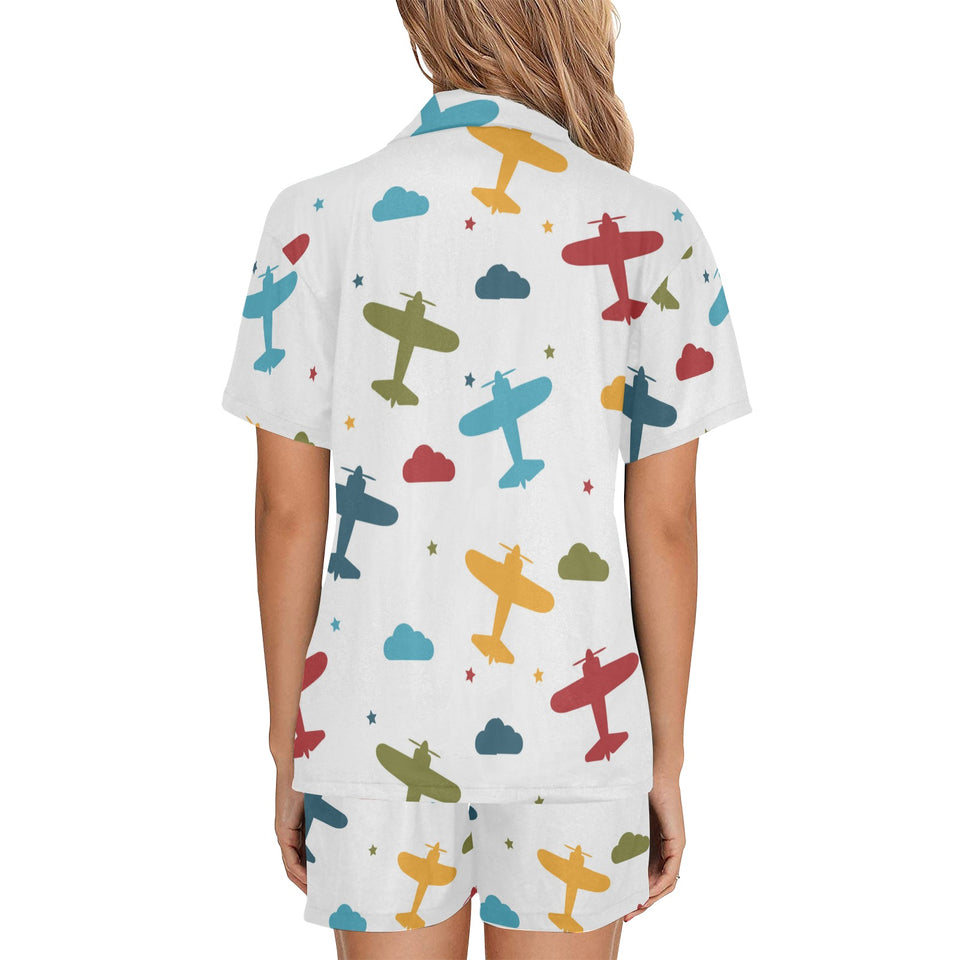 Airplane star cloud colorful Women's V-Neck Short Pajama Set
