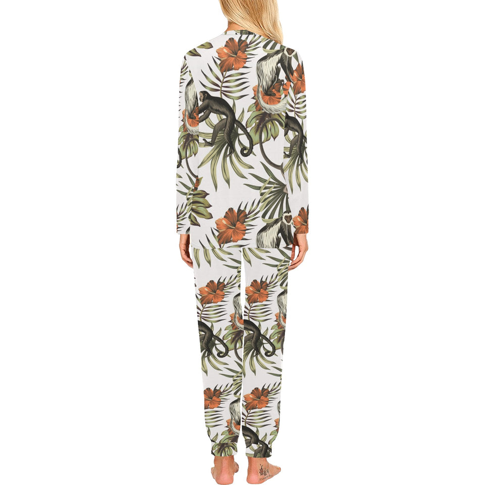 Monkey red hibiscus flower palm leaves floral patt Women's All Over Print Pajama Set
