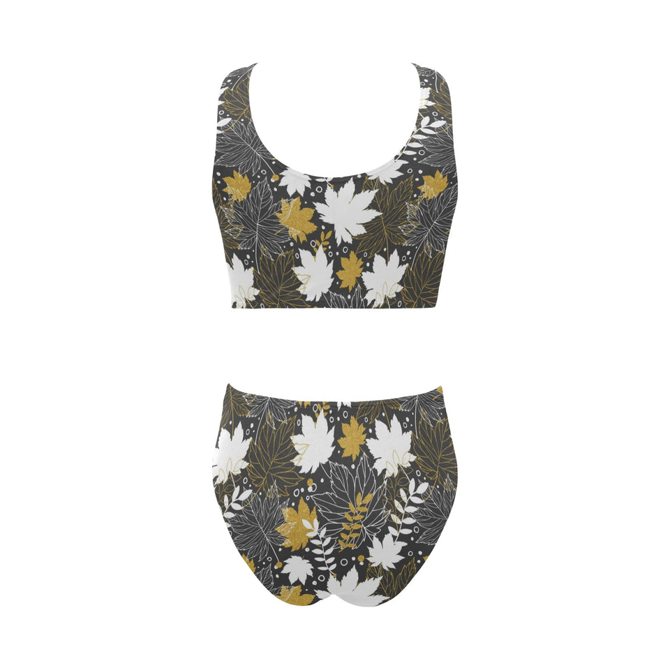 Beautiful gold autumn maple leaf pattern Chest Bowknot High Waisted Bikini Swimsuit
