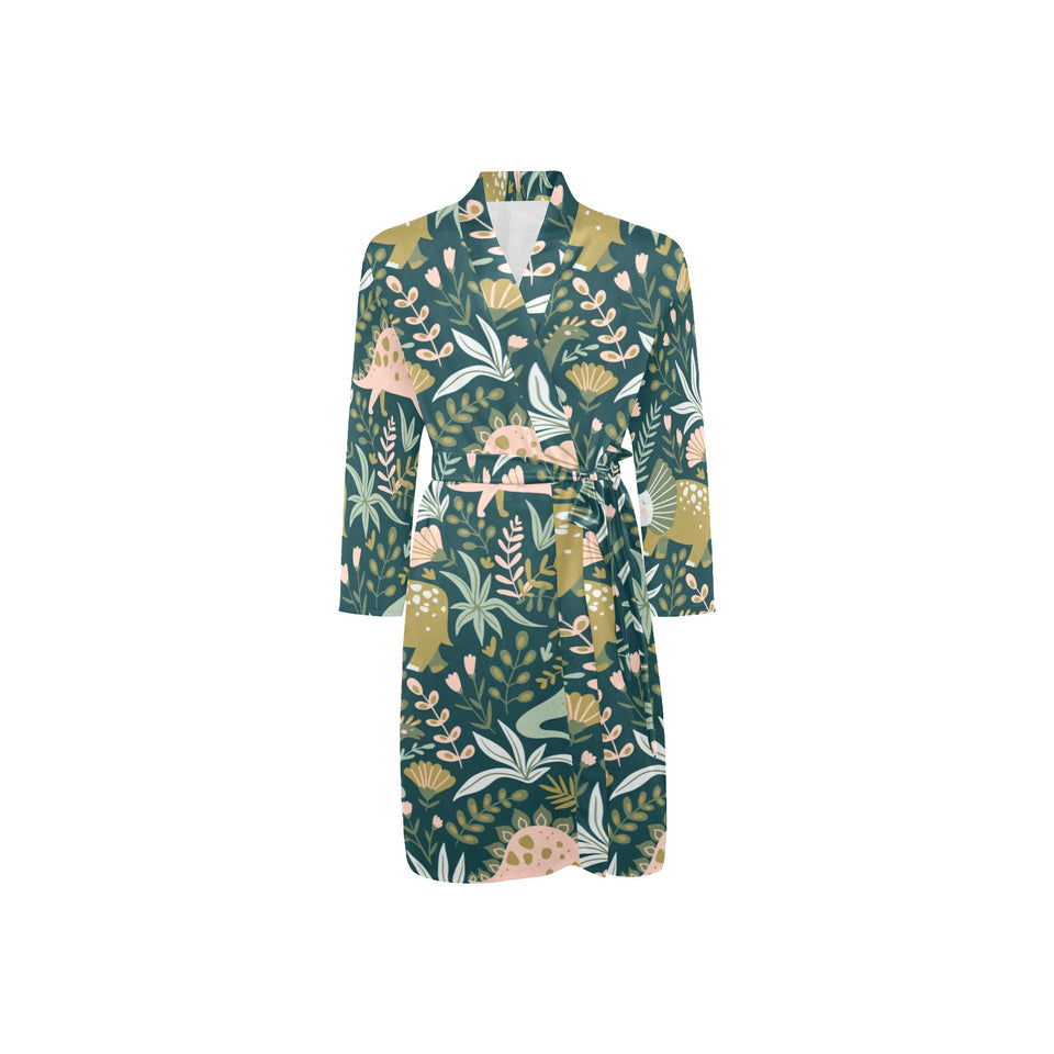 dinosaurs tropical leaves flower pattern Men's Long Sleeve Belted Night Robe