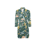 dinosaurs tropical leaves flower pattern Men's Long Sleeve Belted Night Robe