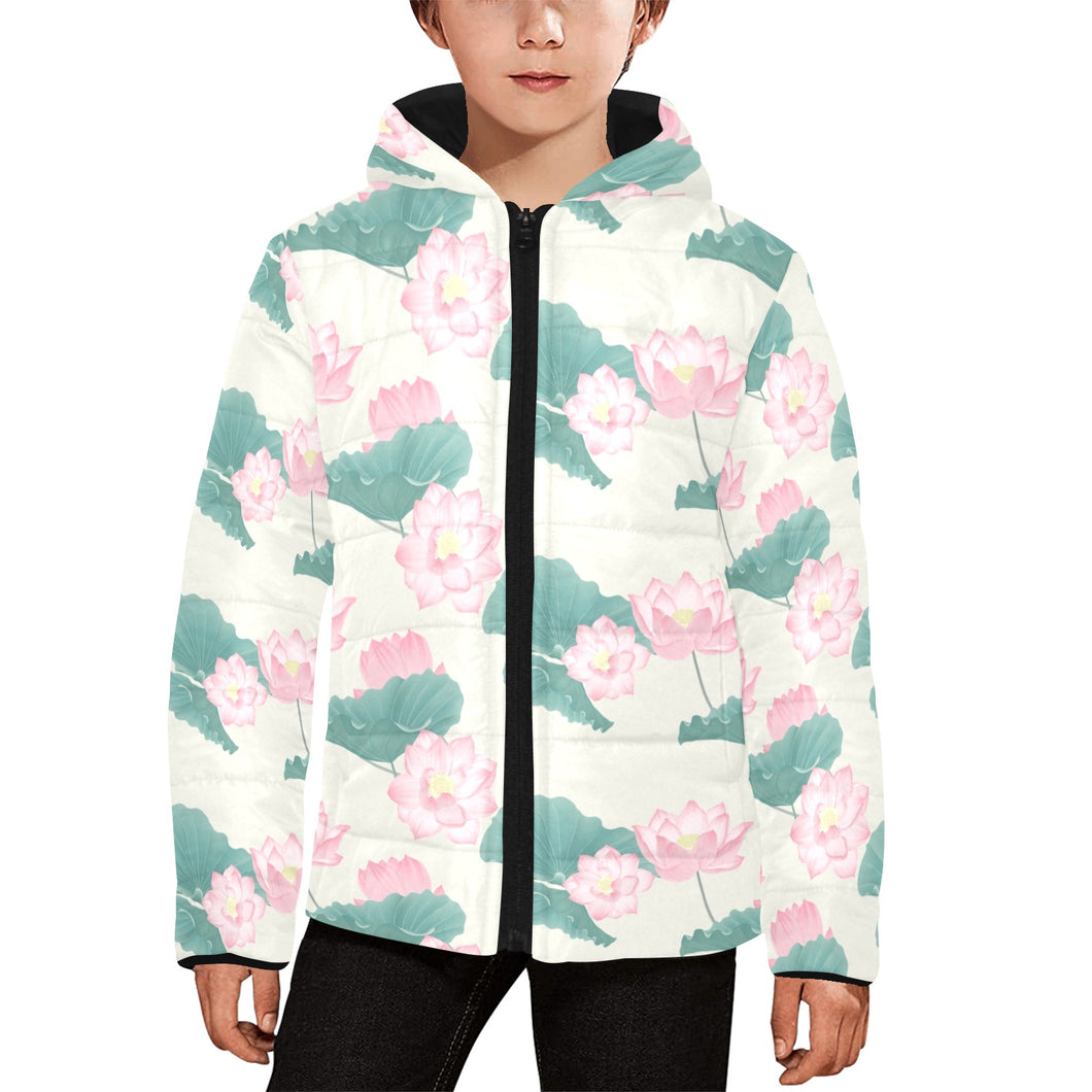Pink lotus waterlily leaves pattern Kids' Boys' Girls' Padded Hooded Jacket
