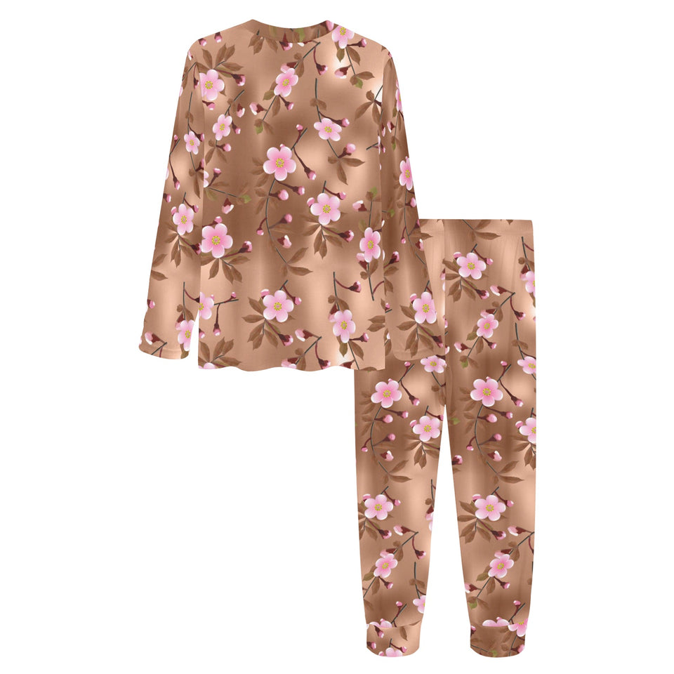 Pink sakura cherry blossom drak brown background Women's All Over Print Pajama Set