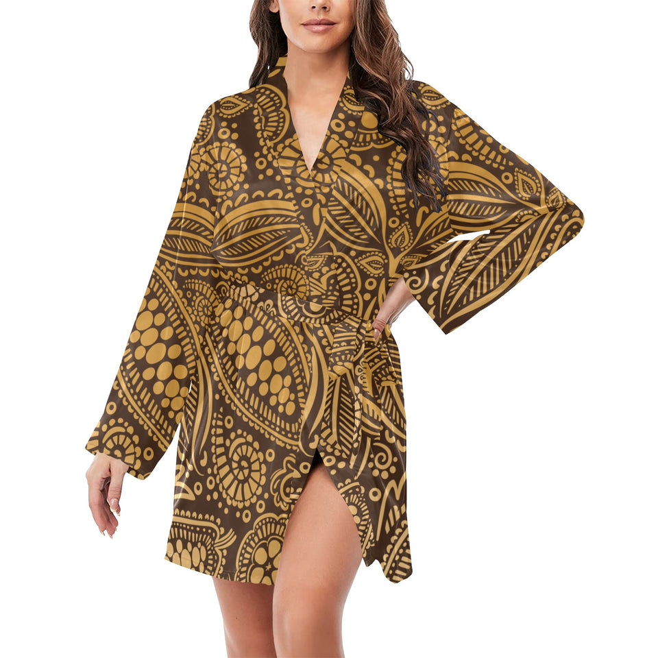 cacao beans tribal polynesian pattern background Women's Long Sleeve Belted Night Robe
