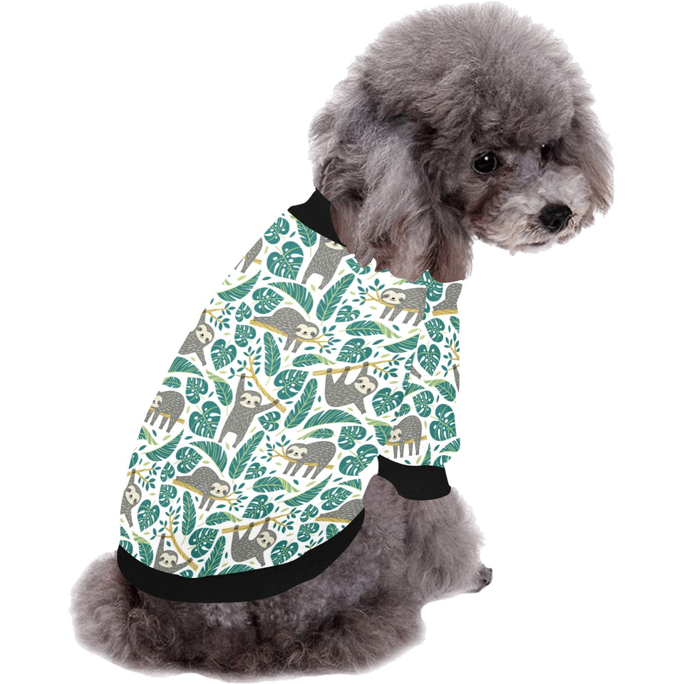 Cute sloths tropical palm leaves white background All Over Print Pet Dog Round Neck Fuzzy Shirt