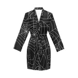 Spider web pattern Black background white cobweb Women's Long Sleeve Belted Night Robe