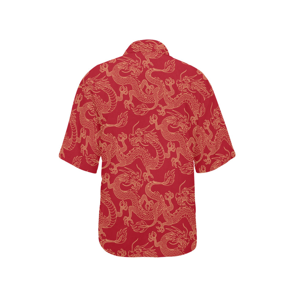 Gold dragons red background Women's All Over Print Hawaiian Shirt