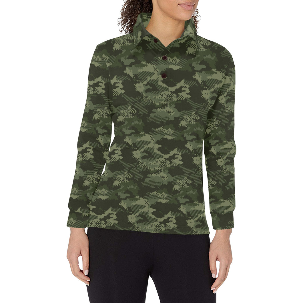 Digital Green camouflage pattern Women's Long Sleeve Polo Shirt