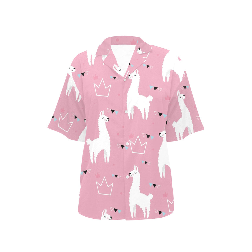 Llama Alpaca pink background Women's All Over Print Hawaiian Shirt