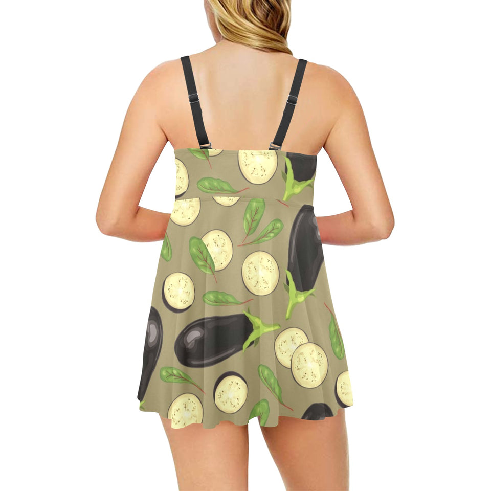 Eggplant Pattern Print Design 02 Chest Sexy Pleated Two Piece Swim Dress