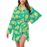 Pineapples pattern green background Women's Long Sleeve Belted Night Robe