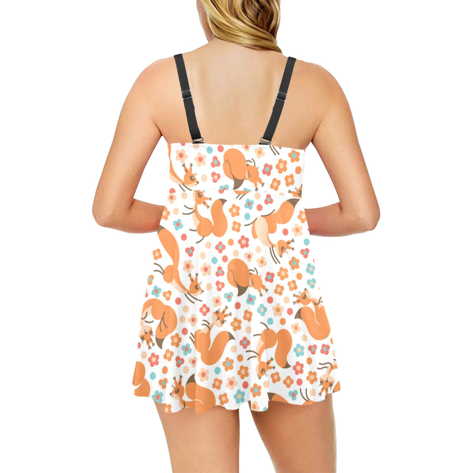 Squirrel Pattern Print Design 05 Chest Sexy Pleated Two Piece Swim Dress