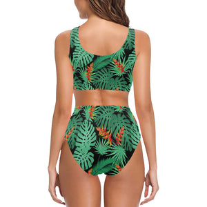 heliconia flower palm monstera leaves black backgr Chest Bowknot High Waisted Bikini Swimsuit