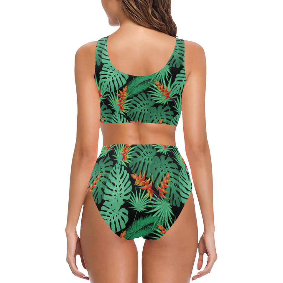 heliconia flower palm monstera leaves black backgr Chest Bowknot High Waisted Bikini Swimsuit