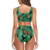 heliconia flower palm monstera leaves black backgr Chest Bowknot High Waisted Bikini Swimsuit