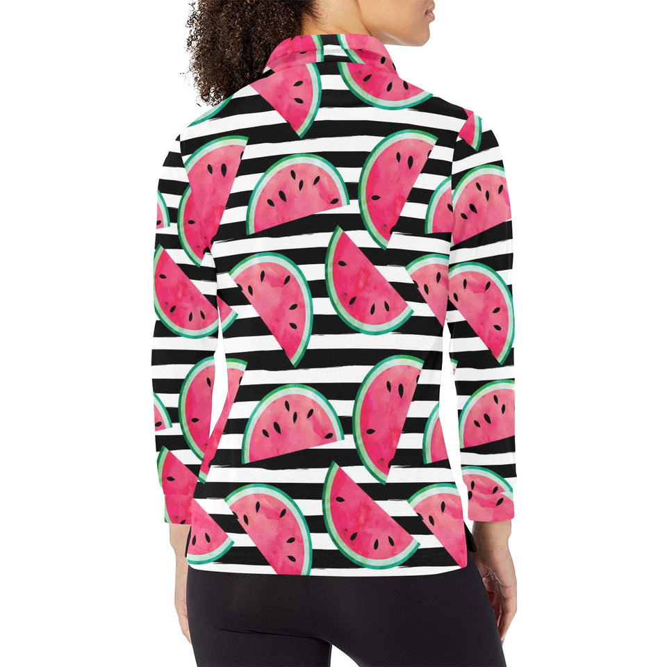 Watercolor paint textured watermelon pieces Women's Long Sleeve Polo Shirt