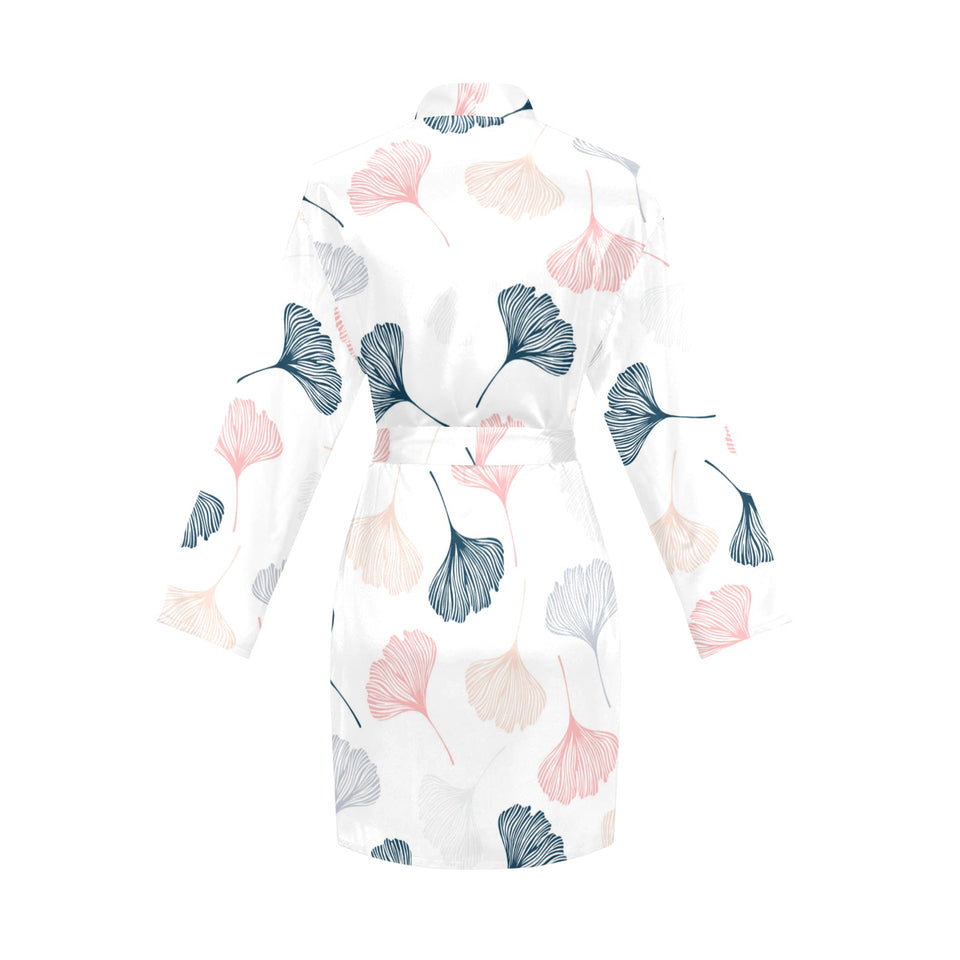 Black Gray Cream coral ginkgo leaves pattern Women's Long Sleeve Belted Night Robe