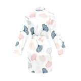 Black Gray Cream coral ginkgo leaves pattern Women's Long Sleeve Belted Night Robe