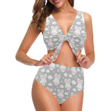Rabbit cloud Pattern Chest Bowknot High Waisted Bikini Swimsuit