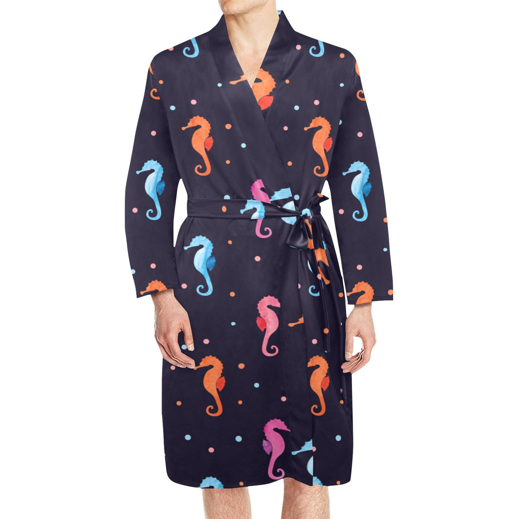 Watercolor colorful seahorse pattern Men's Long Sleeve Belted Night Robe